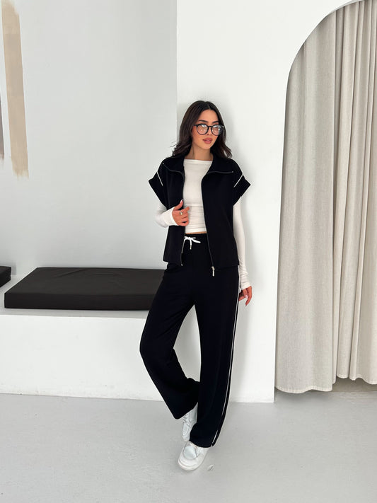 Kadın Fermuarlı Üstlü Rahat Kesim Modal Bol Paça Eşofman Takımı Siyah