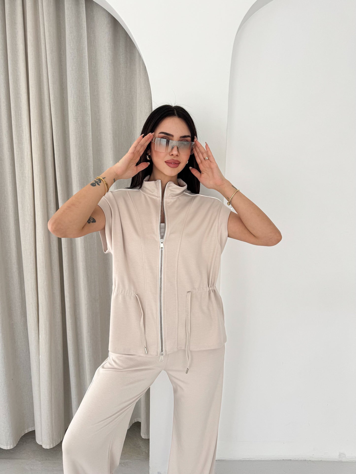 Kadın Modal Kumaş Fermuarlı Rahat Kesim Casual Takım Bej
