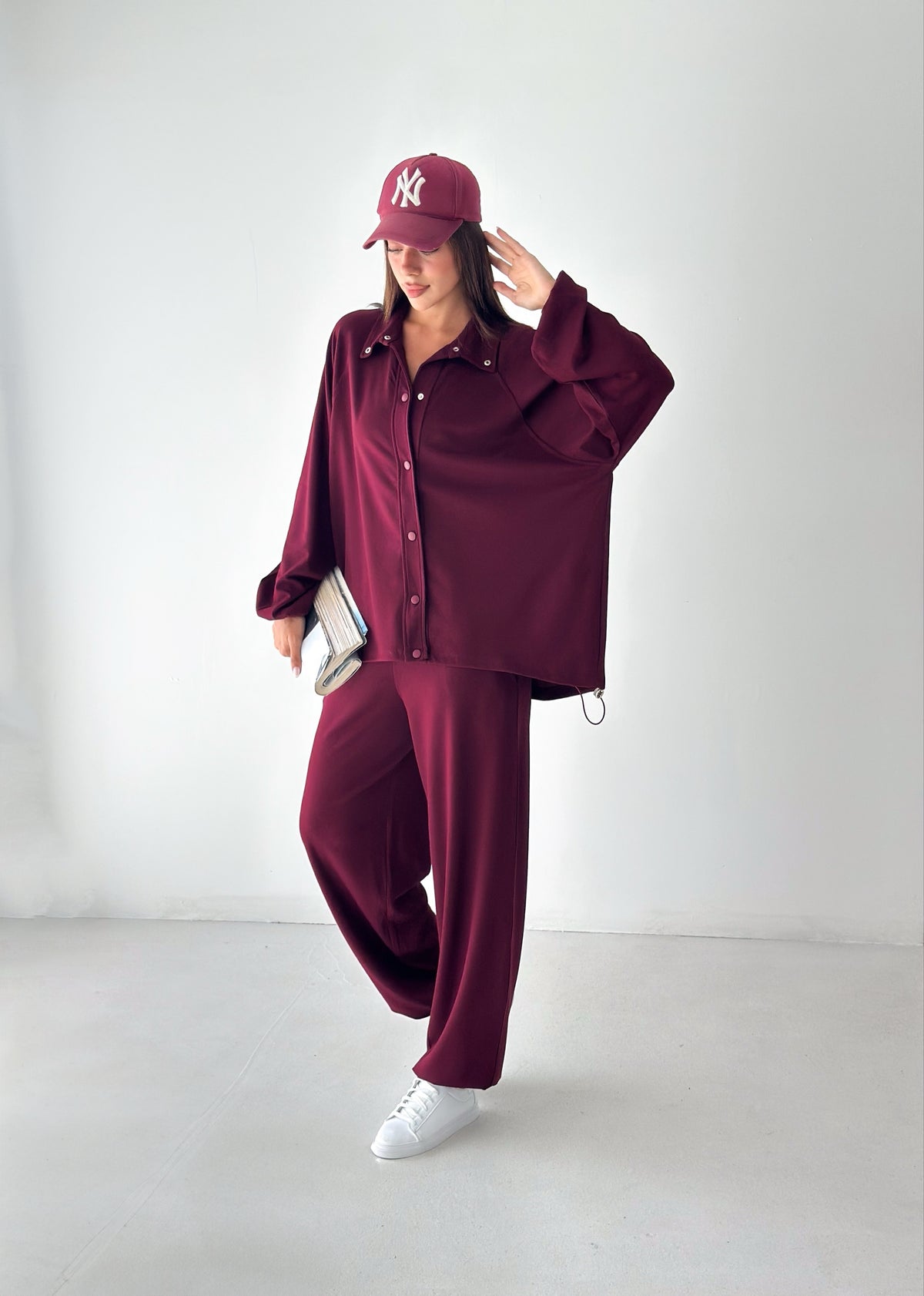 Kadın Modal Kumaş Çıtçıtlı Stoper Büzgülü Oversize İkili Takım Bordo