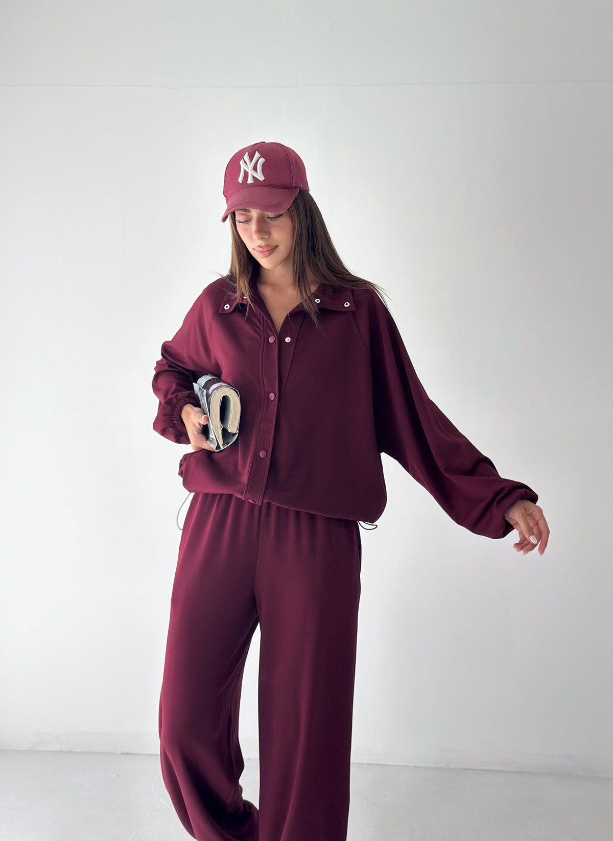 Kadın Modal Kumaş Çıtçıtlı Stoper Büzgülü Oversize İkili Takım Bordo