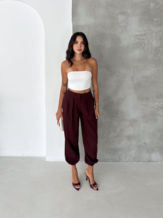 Kadın Dokuma Kumaş Yüksek Bel Körük Detaylı Jogger Pantolon Bordo