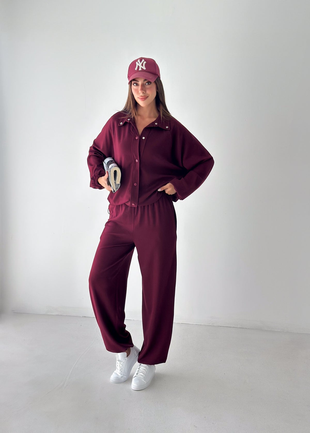 Kadın Modal Kumaş Çıtçıtlı Stoper Büzgülü Oversize İkili Takım Bordo