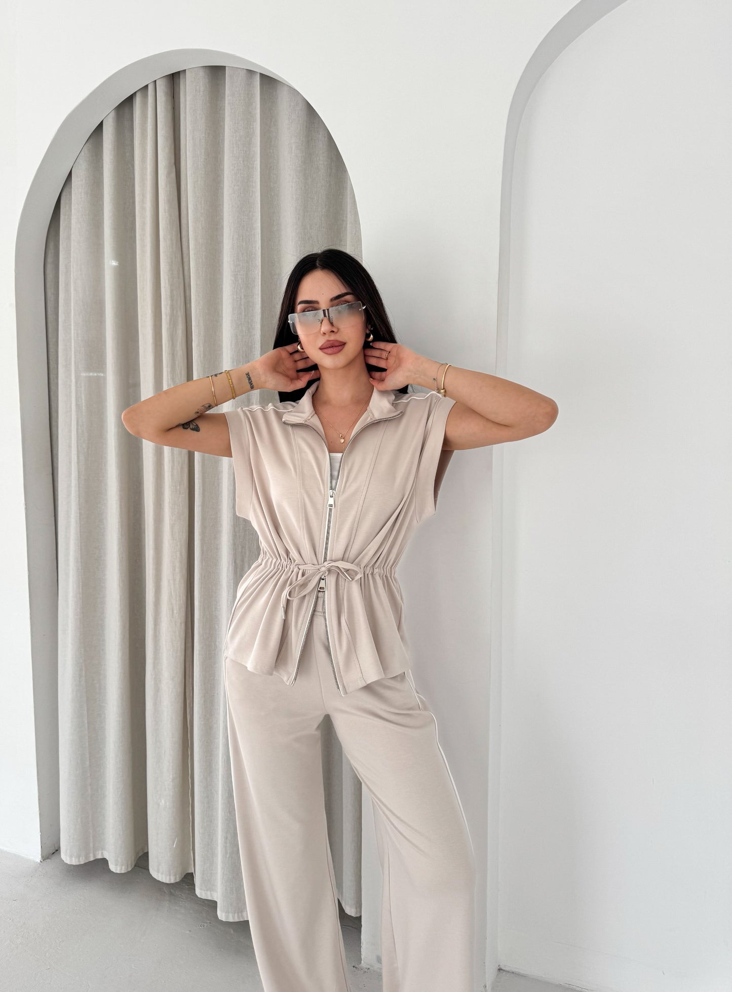 Kadın Modal Kumaş Fermuarlı Rahat Kesim Casual Takım Bej