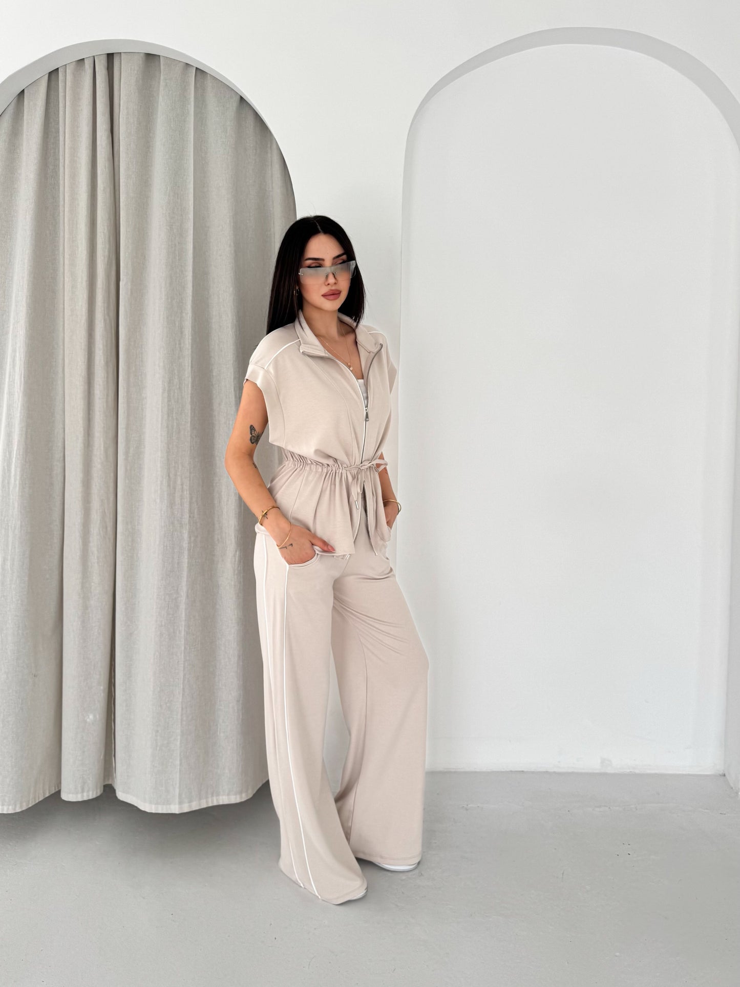 Kadın Modal Kumaş Fermuarlı Rahat Kesim Casual Takım Bej