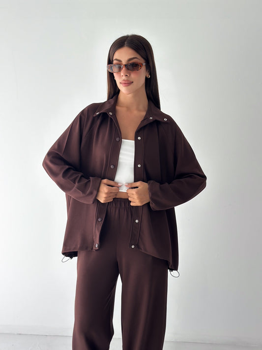 Kadın Modal Kumaş Çıtçıtlı Stoper Büzgülü Oversize İkili Takım Kahverengi