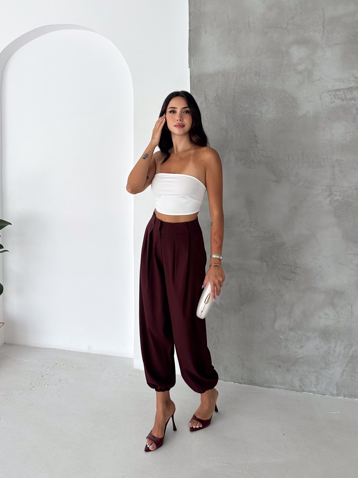 Kadın Dokuma Kumaş Yüksek Bel Körük Detaylı Jogger Pantolon Bordo