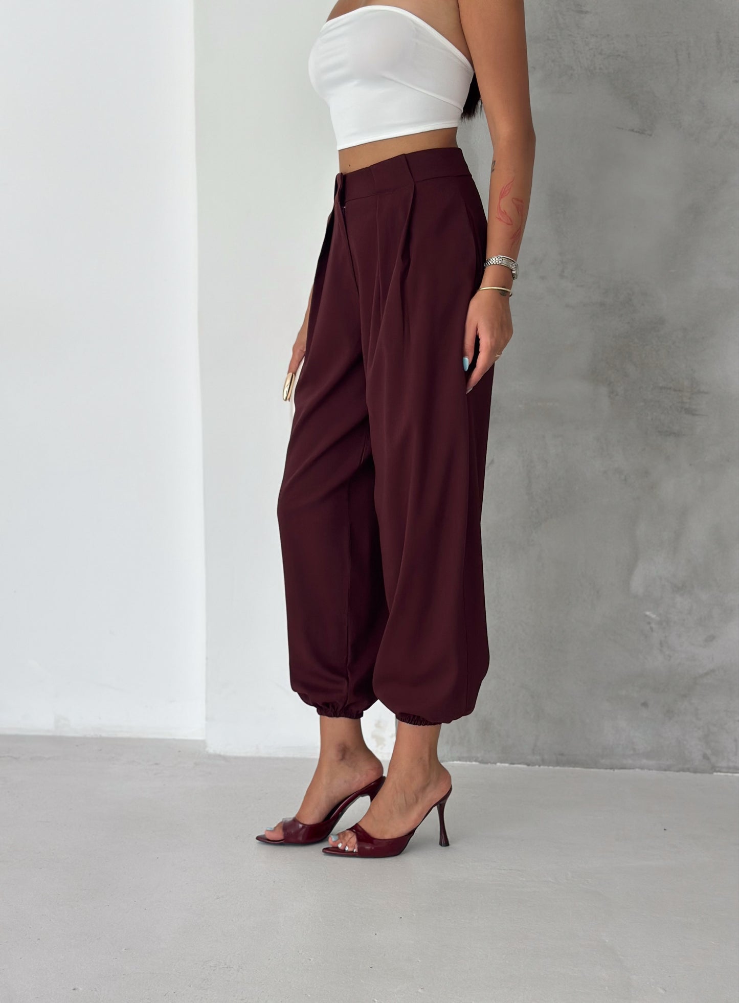 Kadın Dokuma Kumaş Yüksek Bel Körük Detaylı Jogger Pantolon Bordo