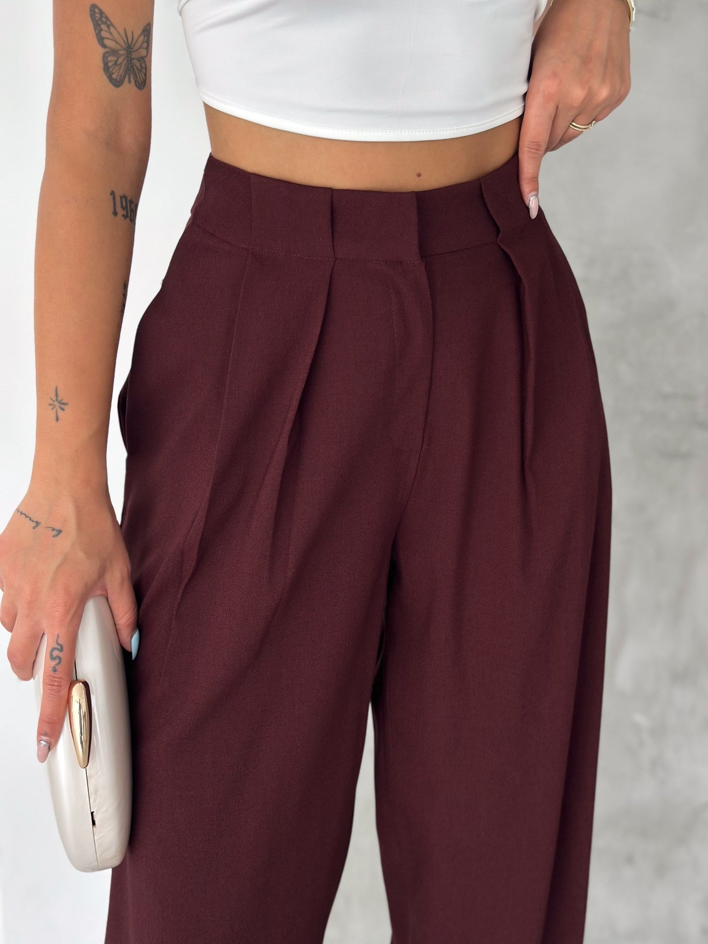 Kadın Dokuma Kumaş Yüksek Bel Körük Detaylı Jogger Pantolon Bordo