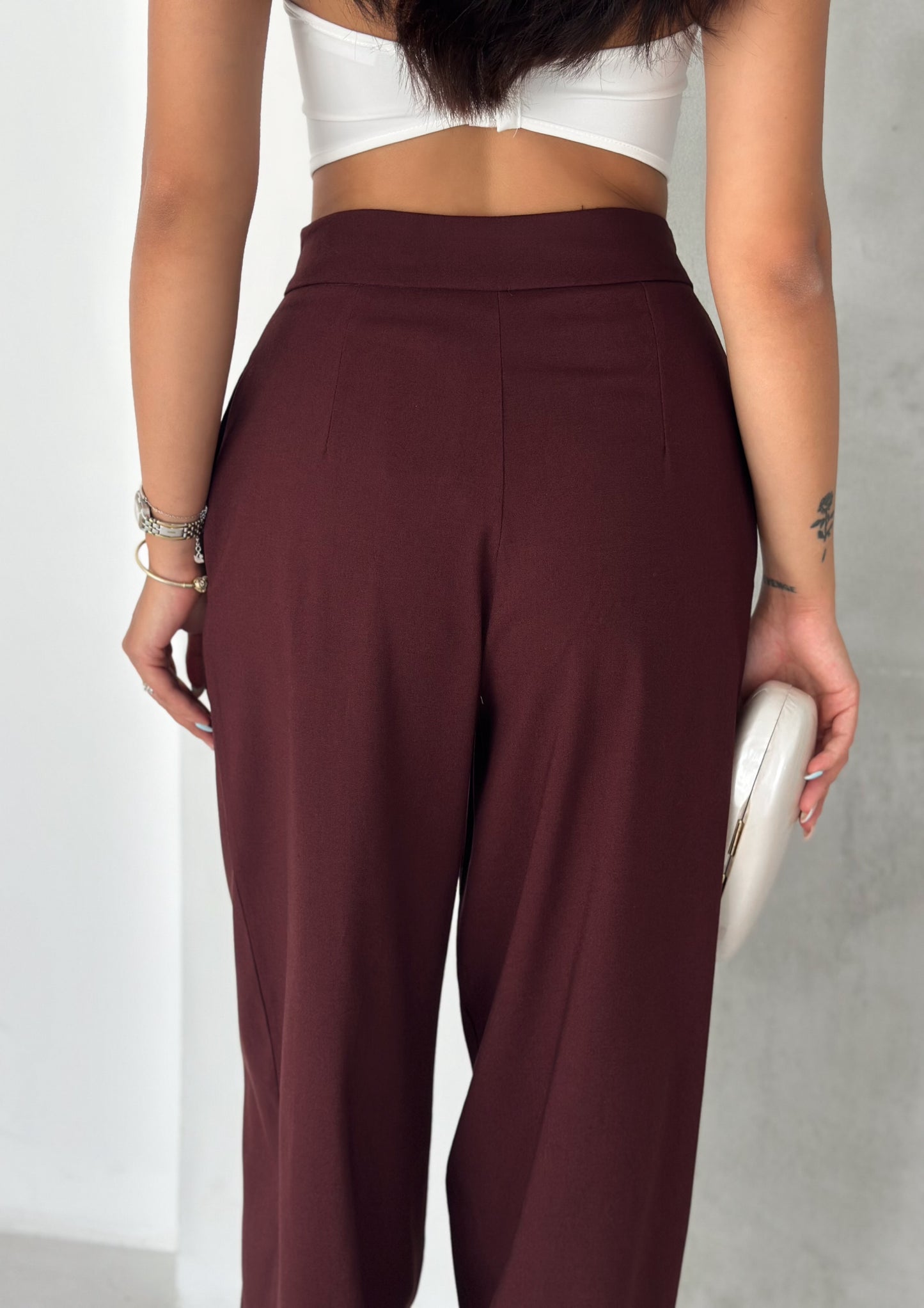Kadın Dokuma Kumaş Yüksek Bel Körük Detaylı Jogger Pantolon Bordo