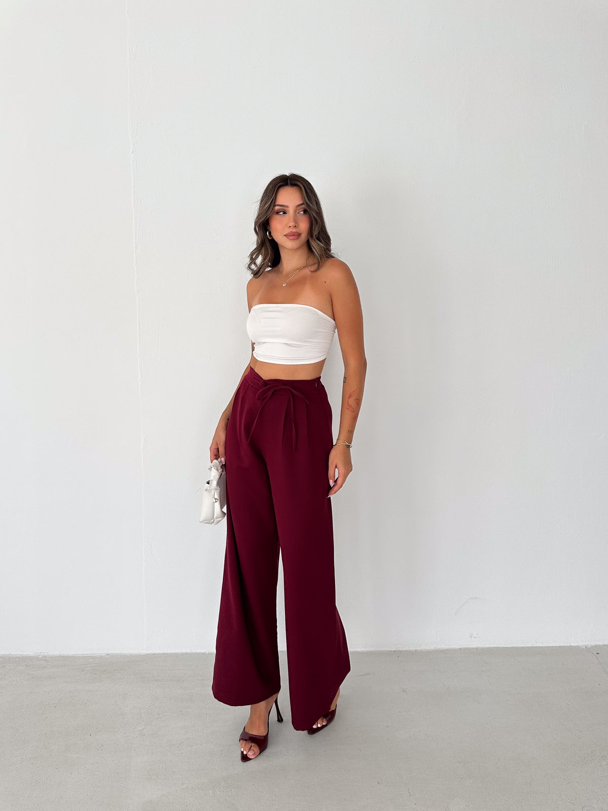 Kadın Double Kumaş Çin Düğme Detaylı Bol Paça Pantolon Bordo