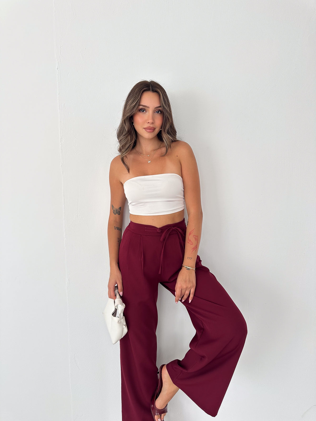 Kadın Double Kumaş Çin Düğme Detaylı Bol Paça Pantolon Bordo