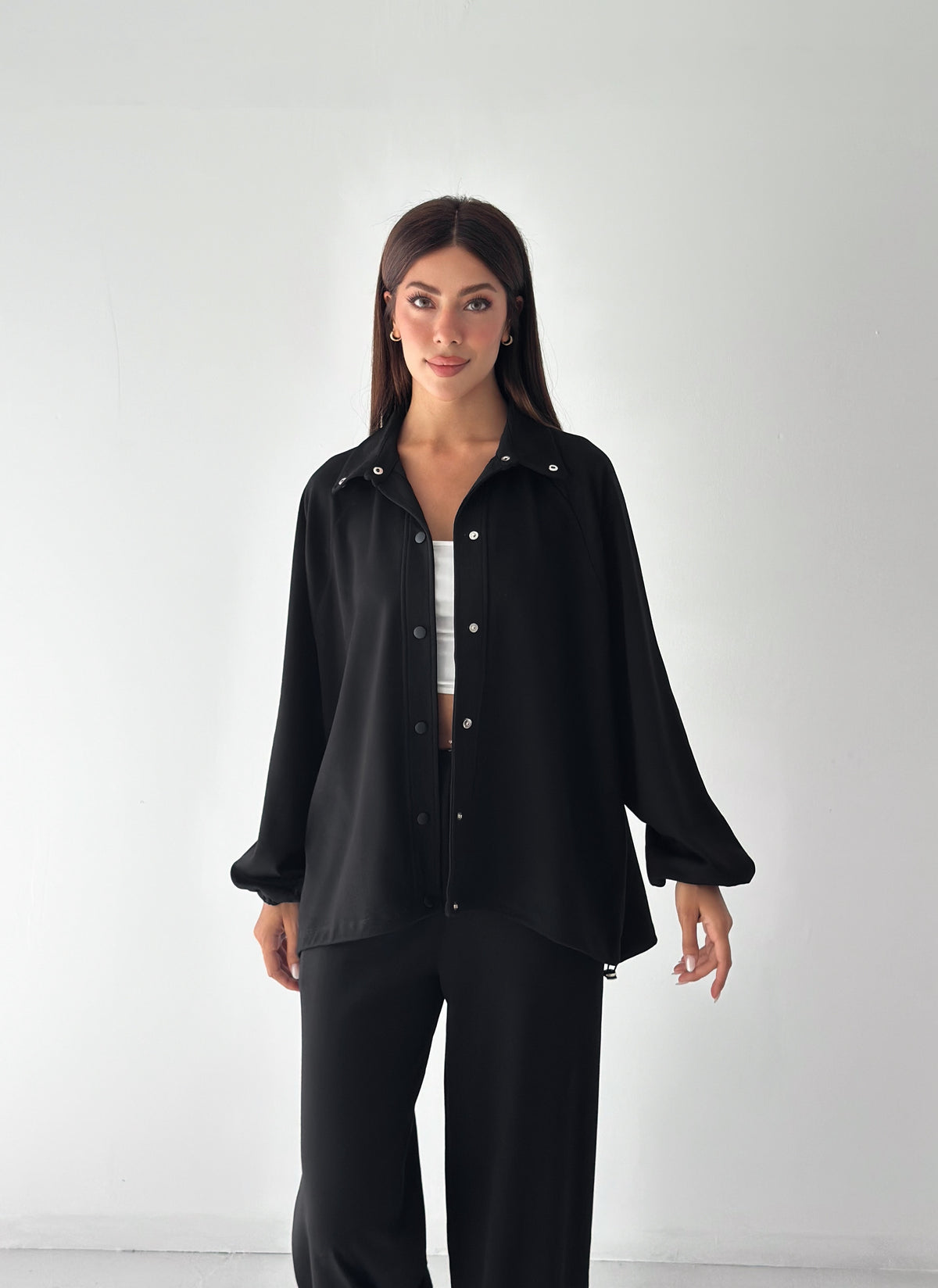Kadın Modal Kumaş Çıtçıtlı Stoper Büzgülü Oversize İkili Takım Siyah