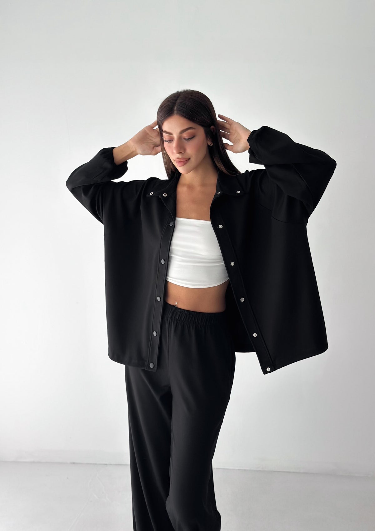 Kadın Modal Kumaş Çıtçıtlı Stoper Büzgülü Oversize İkili Takım Siyah
