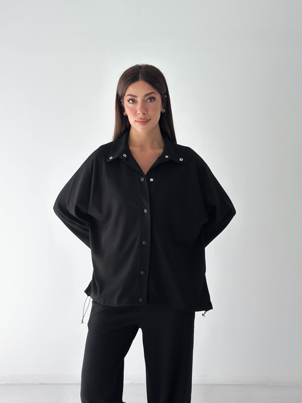 Kadın Modal Kumaş Çıtçıtlı Stoper Büzgülü Oversize İkili Takım Siyah