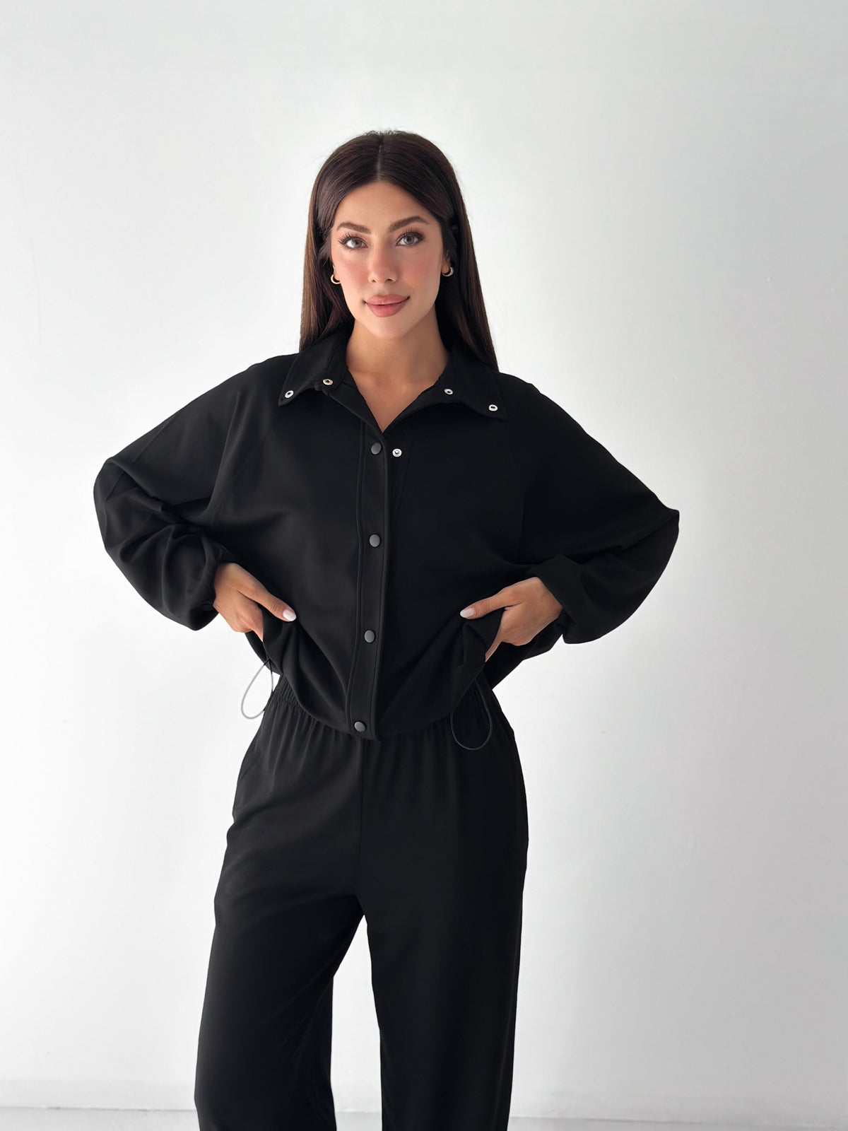 Kadın Modal Kumaş Çıtçıtlı Stoper Büzgülü Oversize İkili Takım Siyah