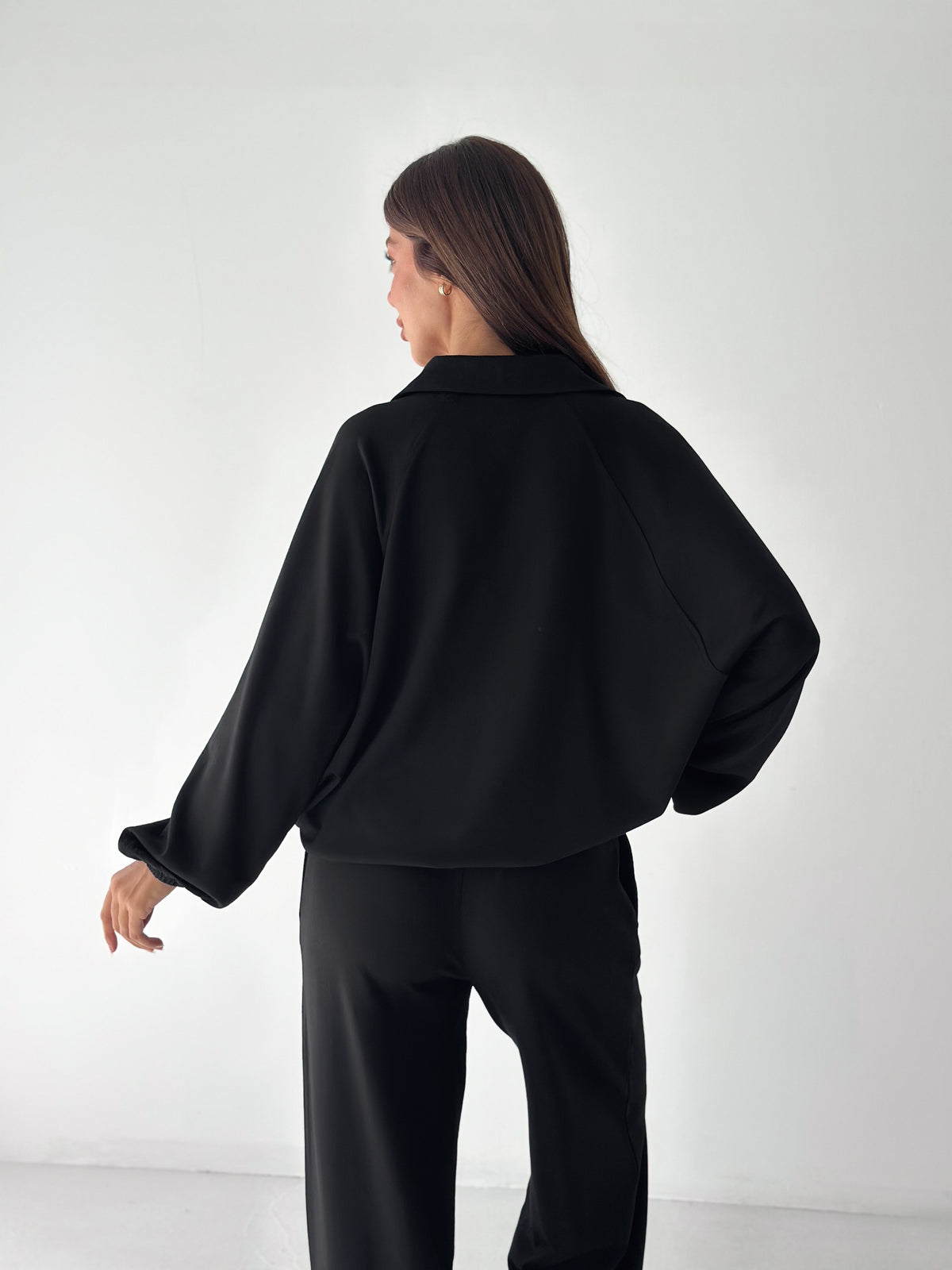 Kadın Modal Kumaş Çıtçıtlı Stoper Büzgülü Oversize İkili Takım Siyah