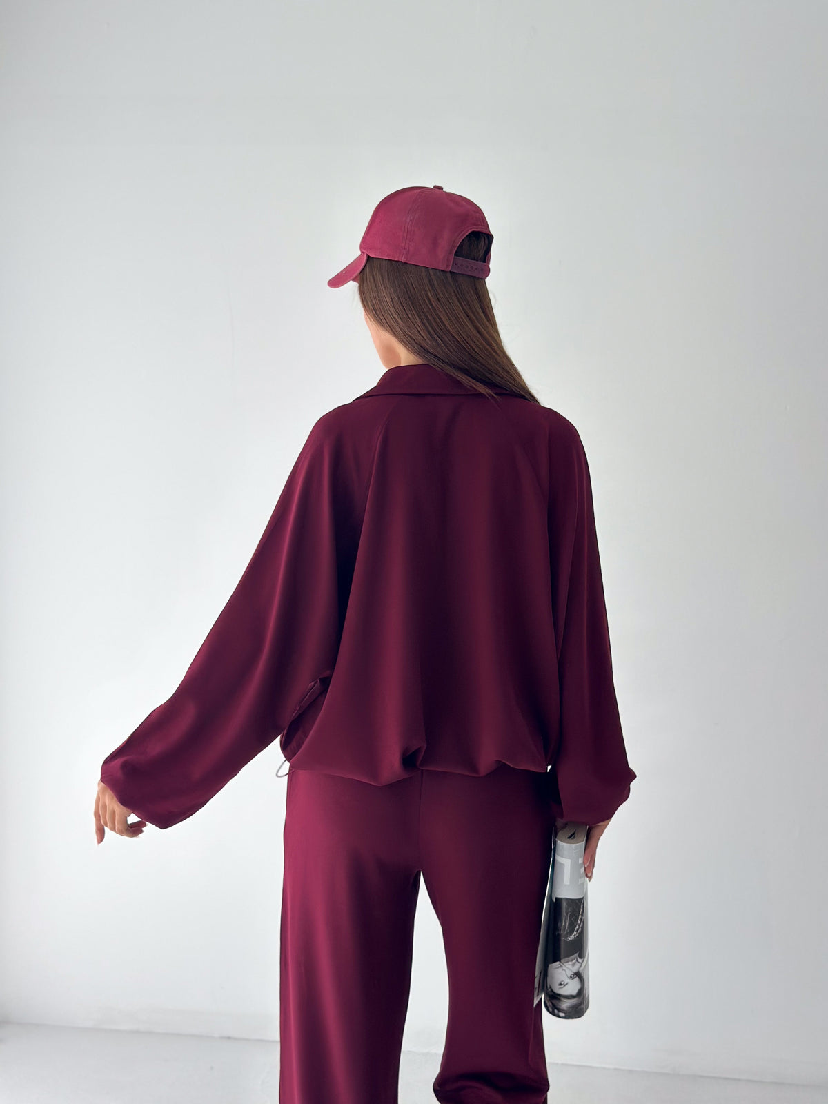 Kadın Modal Kumaş Çıtçıtlı Stoper Büzgülü Oversize İkili Takım Bordo