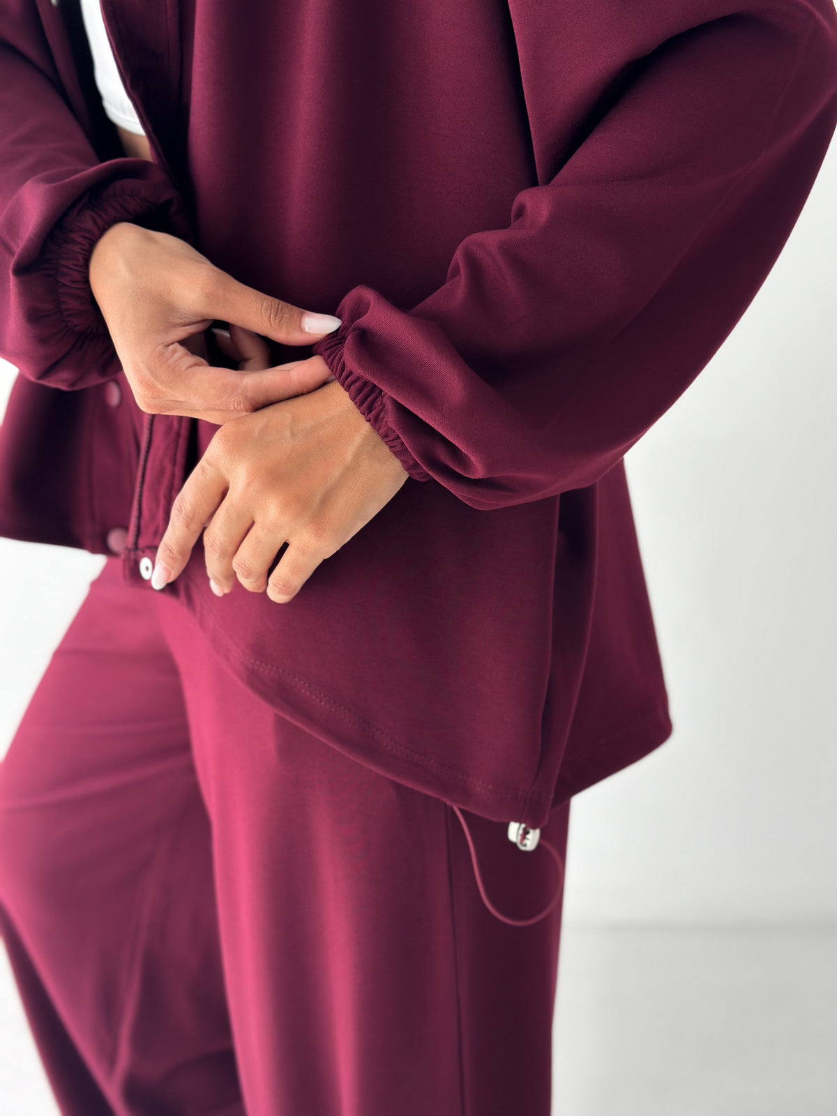 Kadın Modal Kumaş Çıtçıtlı Stoper Büzgülü Oversize İkili Takım Bordo
