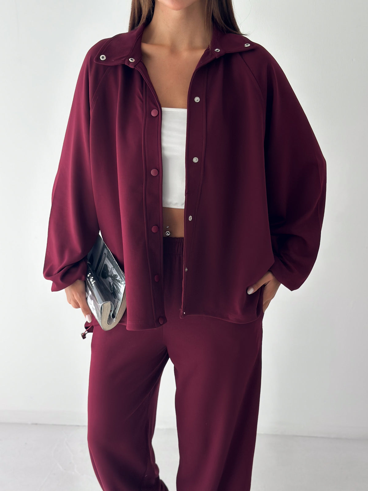 Kadın Modal Kumaş Çıtçıtlı Stoper Büzgülü Oversize İkili Takım Bordo