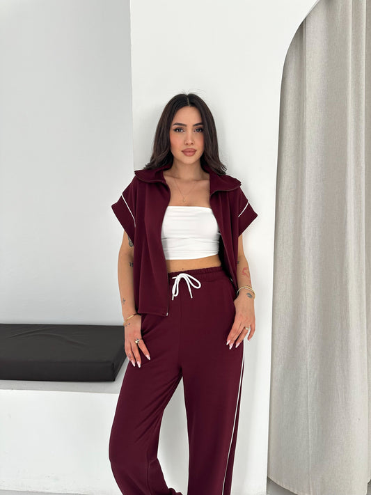Kadın Fermuarlı Üstlü Rahat Kesim Modal Bol Paça Eşofman Takımı Bordo